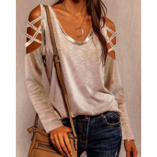 Cutout Long Sleeve Round Neck T-shirt - Apricot