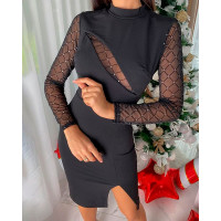 Cutout Mesh Patch Slit Bodycon Dress - black