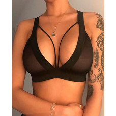 Cutout Mesh Thick Strap Bralette - black