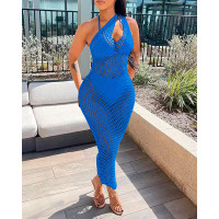 Cutout One Shoulder Fishnet Cover Up Beach Dress - blue