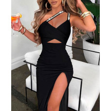 Cutout One Shoulder High Slit Dress - black