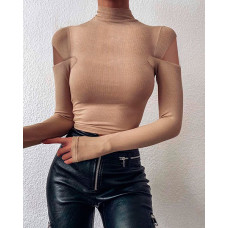 Cutout Plain Long Sleeve Top - khaki