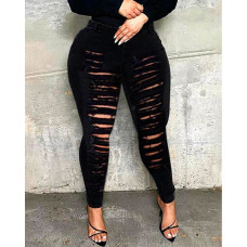 Cutout Ripped High Waist Skinny Pants - black