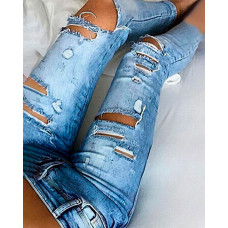 Cutout Ripped Low Waist Jeans - blue