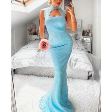 Cutout Scallop Trim Lace Prom Dress - blue