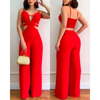 Cutout Shirred Open Back Spaghetti Strap Jumpsuit - red