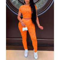 Cutout Short Sleeve Top & High Waist Pants Set - orange