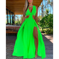 Cutout Sleeveless Thigh Slit Maxi Dress - green