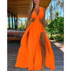 Cutout Sleeveless Thigh Slit Maxi Dress - orange