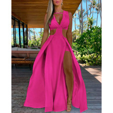 Cutout Sleeveless Thigh Slit Maxi Dress - rose red