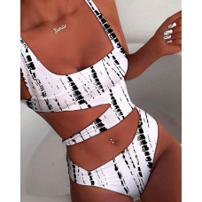 Cutout Tie Dye Print One-Piece Swimsuit - white