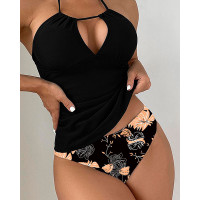 Cutout Tropical Print Tankini Set - black