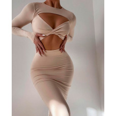 Cutout Twist Design Bodycon Dress - Apricot