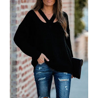 Cutout V-Neck Drop Shoulder Sweater - black