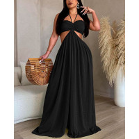 Cutout Waist Wide Leg Flared Jumpsuit - black