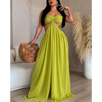 Cutout Waist Wide Leg Flared Jumpsuit - green