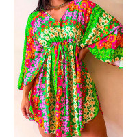 Daisy Print Batwing Sleeve Dress - Multicolor