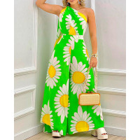 Daisy Print Halter Backless Wide Leg Jumpsuit - green