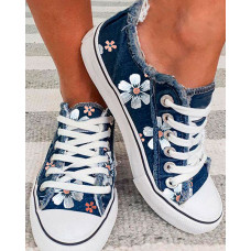 Daisy Print Lace-up Fringe Hem Canvas Shoes - dark blue