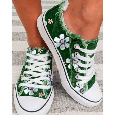 Daisy Print Lace-up Fringe Hem Canvas Shoes - green