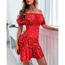 Daisy Print Off Shoulder Ruched Dress - red