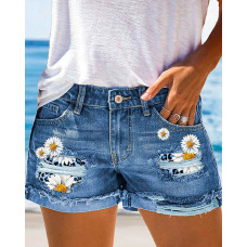 Daisy Print Patchwork Ripped Denim Shorts - blue