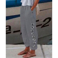 Daisy Print Pocket Design Casual Pants - gray