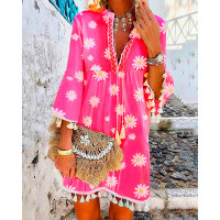 Daisy Print Tassel Design Casual Dress - pink