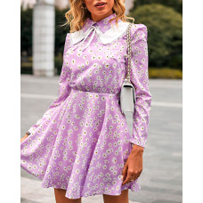 Daisy Print Tied Detail Long Sleeve Dress - purple