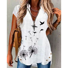 Dandelion Bird Print Zip Front Casual Top - white