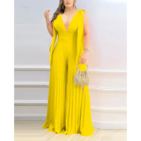 Deep V-Neck Pleated Wide Leg Jumpsuit - yellow