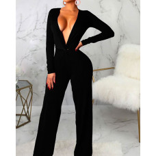 Deep V-Neck Ruched Deign Jumpsuit - black