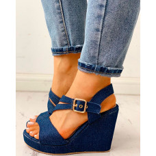 Denim Buckled Platform Wedge Sandals - dark blue