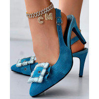 Denim Buckled Slingback Denim Pumps - blue