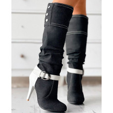 Denim Buckled Stiletto Heel Boots - black