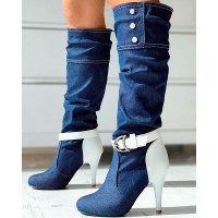 Denim Buckled Stiletto Heel Boots - blue