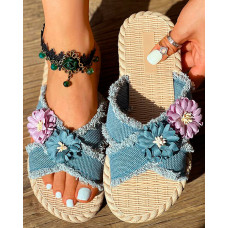 Denim Cross Strap Floral Pattern Raw Hem Beach Slippers - blue