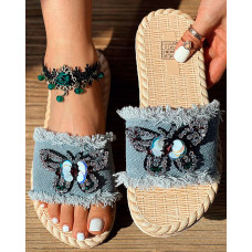 Denim Crystal Sequin Butterfly Pattern Wide Strap Beach Slippers - blue