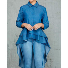 Denim Layered Flounced Dip Hem Blouse - blue