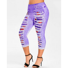 Denim Look Floral Print Ripped Sports Leggings - purple