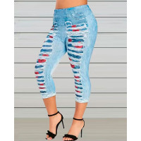 Denim Look Floral Print Ripped Sports Leggings - sky blue