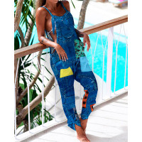 Denim Look Plaid Graphic Print Pocket Design Suspender Jumpsuit - blue