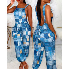 Denim Look Print Backless Suspender Jumpsuit - blue