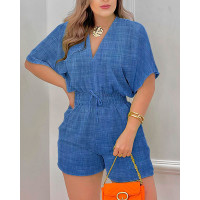 Denim Look Print Batwing Sleeve Romper - blue