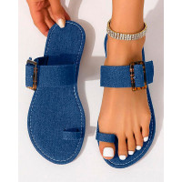 Denim Look Print Buckled Summer Beach Flip Flops - blue