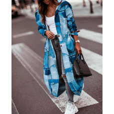 Denim Look Print Button Front Longline Trench Coat - blue