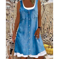 Denim Look Print Buttoned Casual Dress - blue