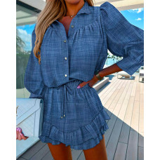 Denim Look Print Buttoned Shirt & Ruffles Skorts Set - blue