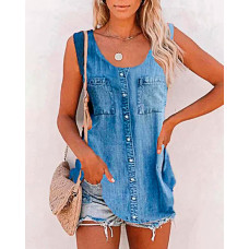 Denim Look Print Buttoned Tank Top - blue