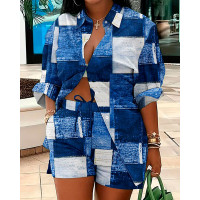 Denim Look Print Buttoned Top & Drawstring Shorts Set - blue